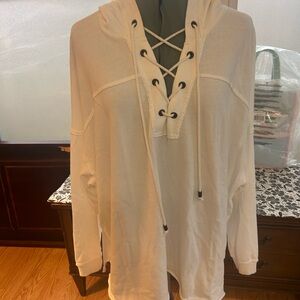 EUC Aerie Cream Hoodie with Lace-Up Detail Soft and Oversized Sz L